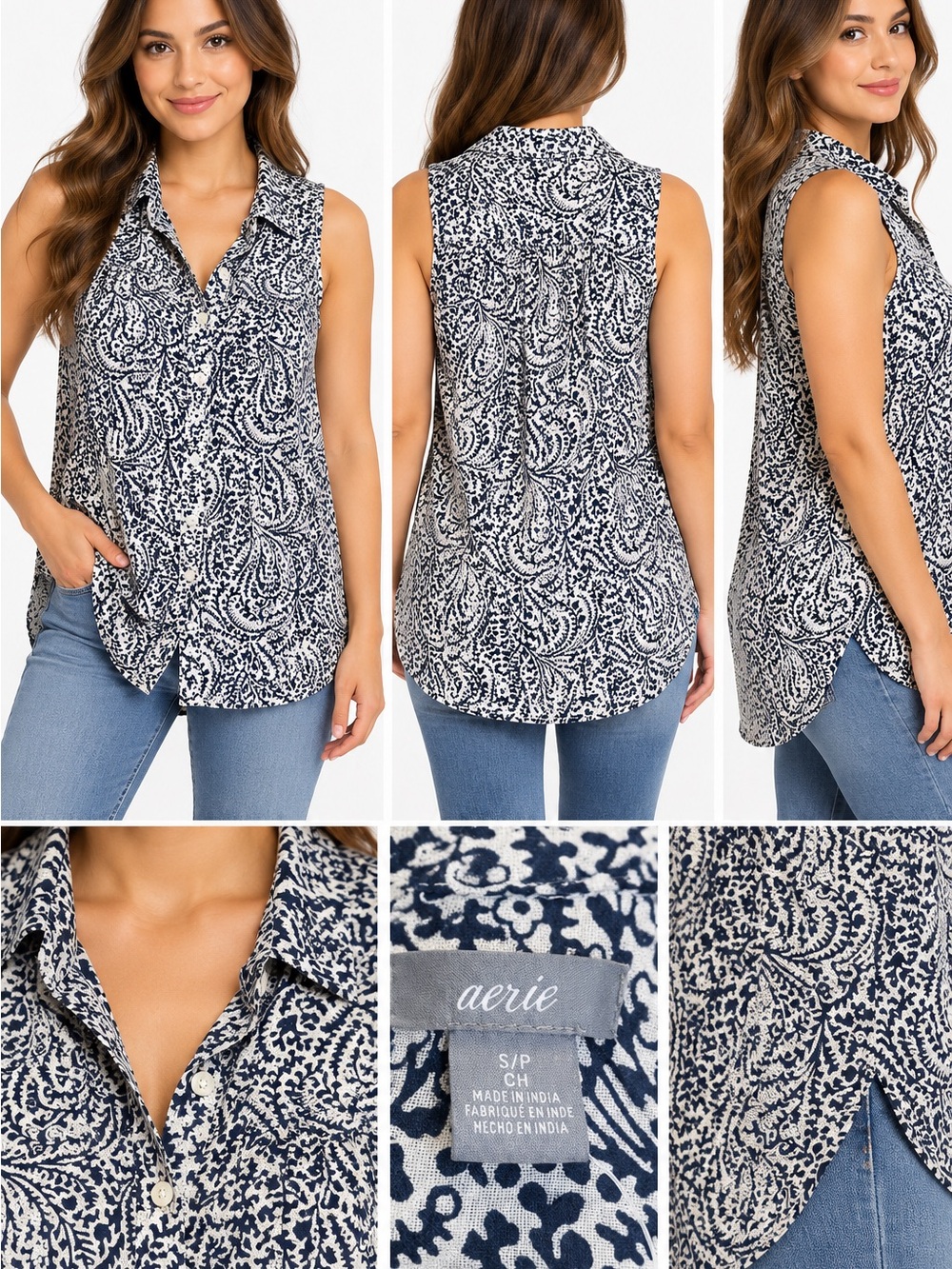aerie Navy & White Paisley Sleeveless Button-Up Blouse